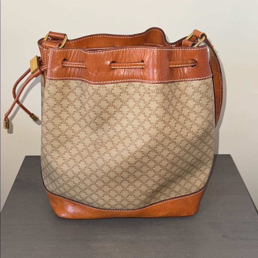 Vintage Authentic Celine Tan and Brown Bucket Bag